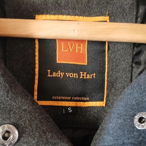 Lady Von Hart dark Grey & Black Wool Blend Toggle Coat with Snaps Size Small - Picture 3 of 7